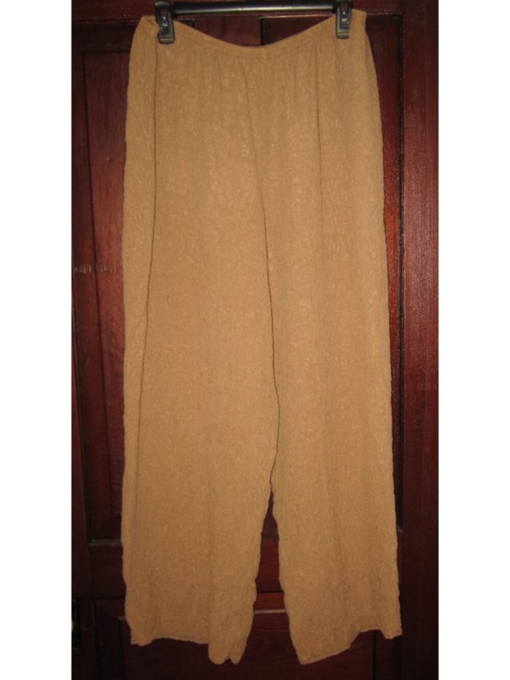 URU Sz XL 100% Silk Pants Slacks Textured Floral Pull On Elastic Waist Tan Flowy